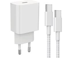 20W USB Adapter + 3 Meter Kabel - Geschikt voor Oplaadkabel iPhone 15, iPhone 16 Series en Samsung Devices - Stekkerblok met USB C Kabel - Snellader - Nylon Gevlochten - Wit