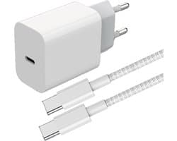 65W USB Adapter + 2 Meter Kabel - Geschikt voor Oplaadkabel iPhone 15, iPhone 16 Series en Samsung Devices - Stekkerblok met USB C Kabel - GaN Snellader - Nylon Gevlochten - Wit