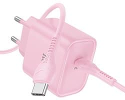 Hoco 25W Type C Snellader & Kabel - Roze - USB-C naar USB-C Kabel (2 Meter) & Stekker - Snelle Oplader Geschikt voor telefoon en tablet