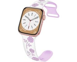 By Qubix - Geschikt voor Apple Watch bandje - Siliconen bandje met rozen - Wit / paars - Geschikt voor Apple Watch 38 mm / 40 mm / 41 mm / 42 mm - Smartwatch bandje
