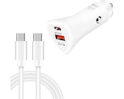 Autolader met USB-C + USB 3.0 Poort 38W Snellader + USB-C kabel - Auto telefoon oplader - sigarettenaansteker - universeel - wit