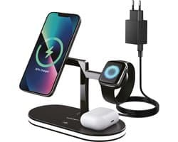 Voomy 3-in-1 Draadloze Oplader (15W Snellader) - Geschikt voor Magsafe, Apple Watch, Draadloze Oortjes - Qi Oplaadstation - GSM Lader - Inclusief Adapter