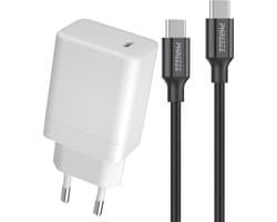USB C Snellader + USB-C Kabel - 65W - Super Fast Charge 2.0 - GaN Technologie - Ultra Compact - 1 Meter - Extra Sterke Oplaadkabel - Geschikt voor Laptop, GSM, S24, Smartphone, Tablet, Telefoon