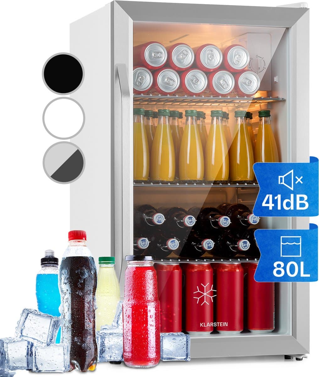 Klarstein Drankkoeler minikoelkast met glazen deur, minikoelkast voor op de kamer, kleine met verstelbare schappen, kleine koelkast van 80 liter, stille koelkast voor binnen en buiten - Drankenkoelkast - Touch - RVS - Drankkoelkast — afbeelding 1