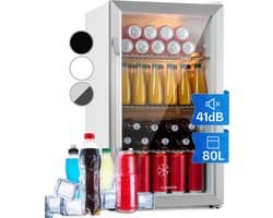 Klarstein minikoelkast met glazen deur, minikoelkast voor op de kamer, kleine drankkoeler met verstelbare schappen, kleine koelkast van 80 liter, stille koelkast voor binnen en buiten