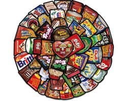 Sticker mix met 48x Eten en Drinken stickers met nep merken - Voor laptop, koelkast, raam etc.