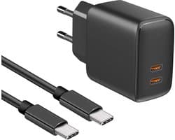 Phreeze Dual USB-C Snellader 35W - Inclusief 1m Gevlochten USB-C Kabel - GaN Technologie - Super Fast + Quick Charge voor S24,S23,S22,S9,A9,A8,A7,Plus,Ultra,Lite - Zwart