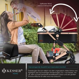 KESSER® Kinderwagen 3 in 1 Loops Wandelwagen Set incl. Autostoel & Reiswieg & Buggy Sportzitje - Massieve Rubberbanden - Luiertas / Regenhoes - Rood / Champagne — thumbnail 5