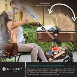 KESSER® Kinderwagen 3 in 1 Loops Wandelwagen Set incl. Autostoel & Reiswieg & Buggy Sportzitje - Massieve Rubberbanden - Luiertas / Regenhoes - Bruin / Champagne — thumbnail 5