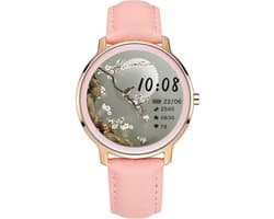 Belesy® VENUS - Smartwatch Dames - Horloge - 1.1 inch - Kleurenscherm - Stappenteller - Bloeddruk - Hartslag - Maak je eigen wijzerplaat – Goud – Leer - Roze - Moederdag