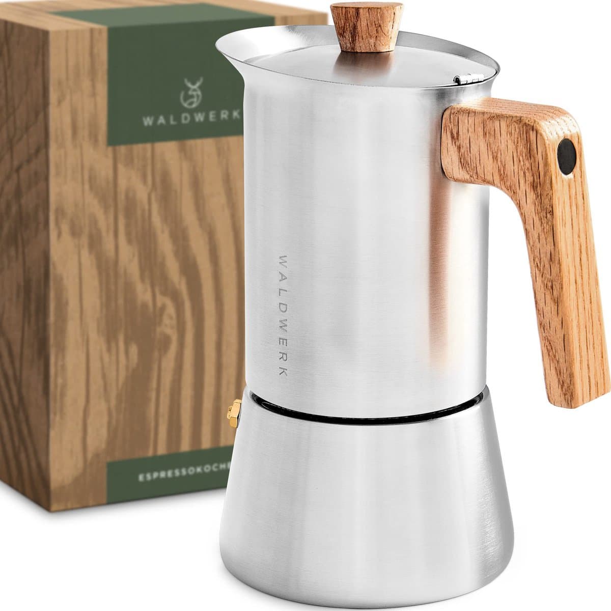 WALDWERK espressomachine (300ml) - inductie-espressomachine geschikt voor alle soorten kachels - Percolator mokkapot van roestvrij staal met houten handvat van echt eikenhout — afbeelding 1