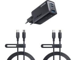 Anker 735 (GaNPrime 65 W) USB-C-oplader + 2-pack Anker 544 Bio-Based (140W) USB-C naar USB-C Kabel 1.8 Meter Zwart