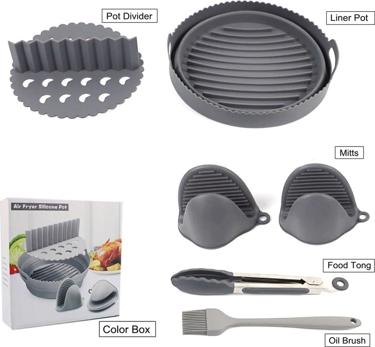 Airfryer accessoires set -Airfryer siliconen bakvorm -Airfryer kookgerei set -Airfryer inzet en scheidingswand -Siliconen airfryer kookgerei -Grijs — afbeelding 1