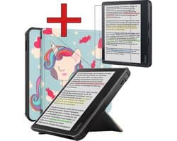Hoes Geschikt voor Kobo Libra Colour - Met Screenprotector - Luxe E-reader Trifold Case - Bescherm Hoesje Book Cover - Eenhoorn