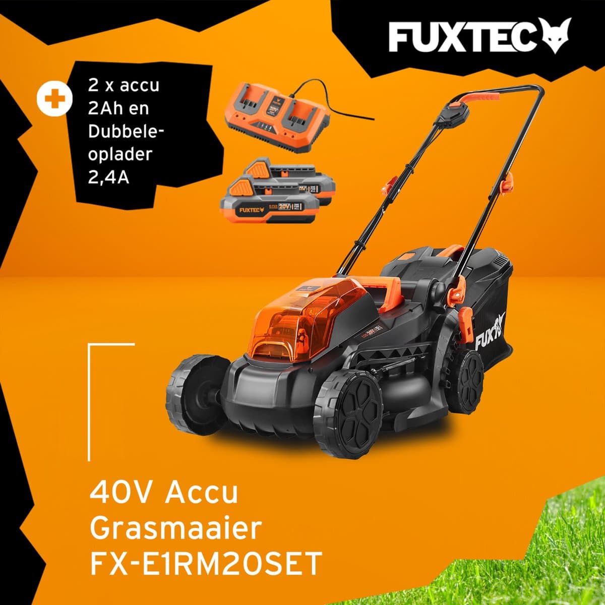 Accu grasmaaier 40V (2X20V) - FUXTEC FX-E1RM20 - breedte 33cm 2 accu's Li-Ion 2Ah, dubbele lader 2,4A, vultrechter 35L — afbeelding 1