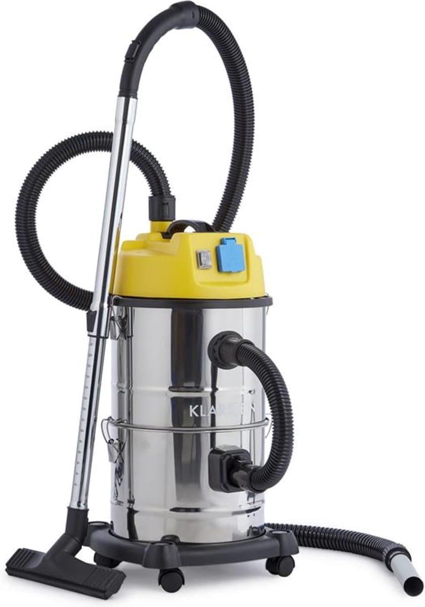 Klarstein Reinraum Industriesauger, Nasssauger, Aschesauger, Trockensauger, 1800 Watt, Auffangfilter, Gebläsefunktion, 30 Liter Edelstahl Behälter, integrierte Steckdose, silber gelb – geschikt voor thuisfitness en sportschoolgebruik, duurzame constr — afbeelding 1