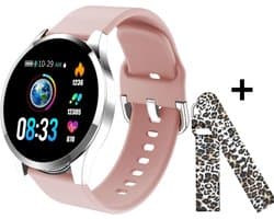 Belesy® BQSiZiPk - Limited edition - Smartwatch Dames - Smartwatch Heren - Horloge - Stappenteller - 1.3 inch - Kleurenscherm - 10x Sporten - INDOOR en OUTDOOR - Zilver - Siliconen - Roze - extra polsband Panterprint - Moederdag