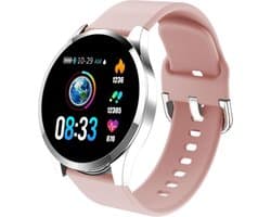 Belesy® BQSiZiPk - Limited edition - Smartwatch Dames - Smartwatch Heren - Horloge - Stappenteller - 1.3 inch - Kleurenscherm - 10x Sporten - INDOOR en OUTDOOR - Zilver - Siliconen - Roze - Moederdag