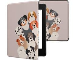 kwmobile e-reader hoesje geschikt voor Amazon Kindle Paperwhite 11. Generation 2021 hoes - E reader flip case met magnetische sluiting - Ereader cover - Grappige Honden design in bruin / wit / taupe