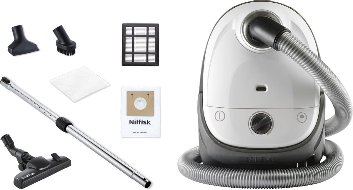 Nilfisk One wit, stofzuiger met zak, compacte stofzuiger, krachtige zuigkracht, instelbare zuigkracht, wendbaar, eenvoudig op te bergen — afbeelding 1