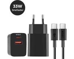 WiseQ 33W Ultra-Snellader - Dubbele snellader USB A & USB C Poorten - Geschikt voor Samsung, Huawei, Oppo, iPhone 15 & MacBooks - Inclusief 1m USB-C - USB C Kabel - Premium Zwart