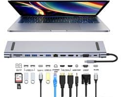 USB C Hub - 12 in 1 Docking Station - USB Splitter - Dubbel 4K HDMI -2 USB A - USB C - USB 3.0 - 100G Ethernet - Micro TF/SD - Geschikt voor Laptop, Macbook, Windows, Linux, Android, IOS