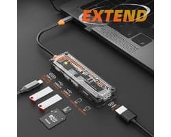 Transparante 6 in 1 USB-C HUB- Oranje - Cardreaders - Kaartlezer - Multifunctionele Kaartlezer - TF - Micro SD naar Type C - Docking Station - USB Splitter - 4K HDMI - USB A - USB C - PD100W - Micro SD - Geschikt voor Laptop, Macbook, Windows
