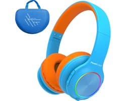 PowerLocus PLED Draadloze Koptelefoon Over-Ear voor Kinderen - LED lampjes - met Microfoon - Micro SD poort - Blauw/Oranje