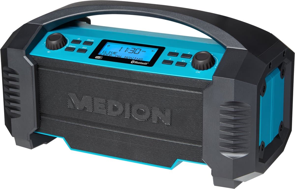 MEDION E66050 DAB+ bouwplaatsradio (geïntegreerde batterij, IP54-bescherming tegen spatwater en stof, USB-oplaadfunctie, Bluetooth 5.0, PLL FM-radio, batterij- of netvoeding) blauw — afbeelding 1