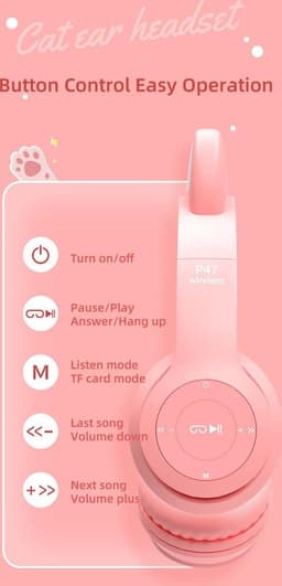 Kinder Hoofdtelefoon-Draadloze Koptelefoon-Kinder Headset-On Ear-Bluetooth-Microfoon-Katten Oorjtes-Led Verlichting-Licht Roze — thumbnail 4