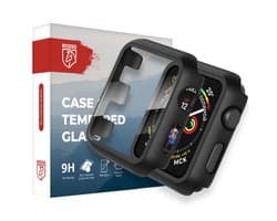Rosso Tempered Glass met Hoesje Geschikt voor Apple Watch 4/5/6/SE 44MM - Screen Protector met Ingebouwde Bumper Case - Full Protect - Zwart