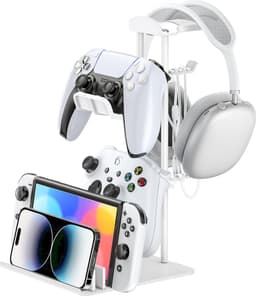 StayPowered Headset Stand & Controller Houder - Compact en Stijlvol voor Georganiseerde Gaming Setup - Stevige Aluminium Staaf - Metalen Basis voor Stabiliteit - Antislip Siliconen Voet - Wit - Levering Sneller dan Aangegeven! — thumbnail 1