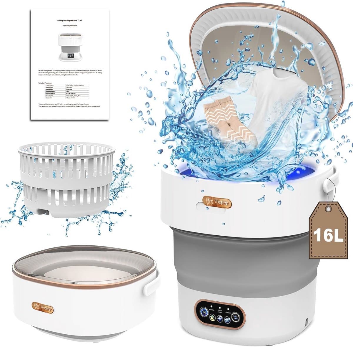 Duurzame Mini Wasmachine voor Kamperen en Reizen - 16 Liter, 3 kg, Compacte 2-in-1 Mobiele Wasmachine — afbeelding 1