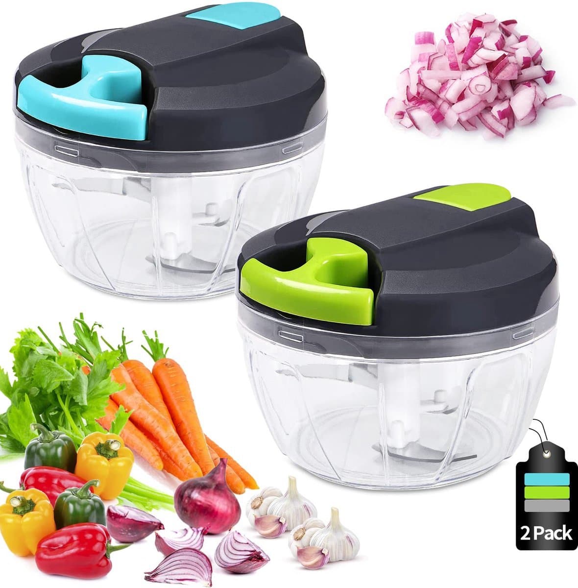 Handmatig hakmolen-520 ml Mini Uienhakker-Uiensnijder Keuken-3 Roestvrijstalen Messen-Groentesnijder-2 stuks — afbeelding 1
