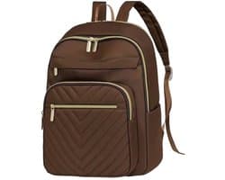 Twenty Two™ Reis laptop rugzak | schoolrugzak met 9 vakken | 2-way ritssluiting | geschikt voor 14 inch laptop-Ipad |30x12x40cm| waterdicht/oxford stof | laptoptas-reistas-schooltas dames-tieners | rugzak voor reizen-school-werk | bruin-goud patroon