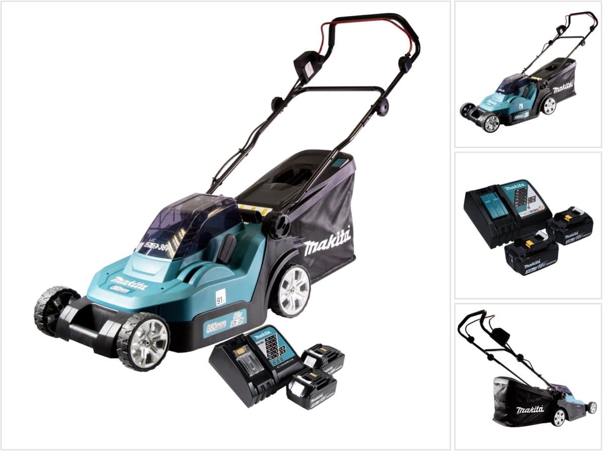 Makita DLM 432 RF2 accu grasmaaier 36 V ( 2x 18 V ) 43 cm borstelloos + 2x accu 3.0 Ah + lader — afbeelding 1
