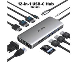 USB C Dual Monitor Docking Stations, USB-C Adapter - 12-in-1 Triple 4K Display Docking Station voor Windows PC Laptops (2HDMI/VGA/Ethernet/PD 100W/5 USB Poorten/Audio)…