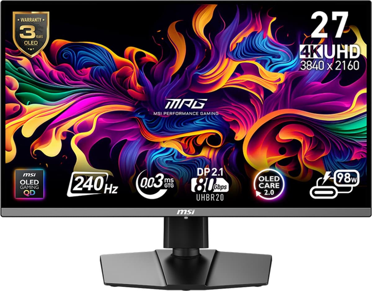 MSI MPG 272URX QD-OLED - 4K UHD Gaming Monitor - 240Hz - 27 Inch - USB-C PD 98W - DisplayPort 2.1 — afbeelding 1