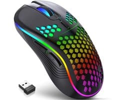 Muis Draadloos - Game Muis - met RGB-achtergrondverlichting - 6 knoppen verstelbaar - Rgonomisch ontworpen - Honingraatstructuur - Oplaadbare gamingmuis - geschikt voor laptop, pc, desktop - Zwart