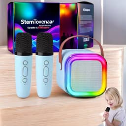 Klikkopers® - StemTovenaar Karaoke Set - Karaoke Machine met 2 Draadloze Microfoons - Voor Volwassenen en Kinderen - Bluetooth - LED - Blauw - Bluetooth Speaker - Karaoke machine — thumbnail 2