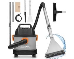 Zeegma Pro Compact – Stofzuiger / Bouwstofzuiger / Waterstofzuiger / Tapijtreiniger – Met en zonder zak – Natte reiniging en wateropzuiging – HEPA + waterfilter – 1000W – 6L tank – Blaasfunctie – Compact formaat – Bereik 12m – Garage, auto en woning