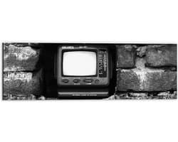 Dibond - Ouderwetse Televisie in de Muur (Zwart-wit) - 60x20 cm Foto op Aluminium (Wanddecoratie van metaal)