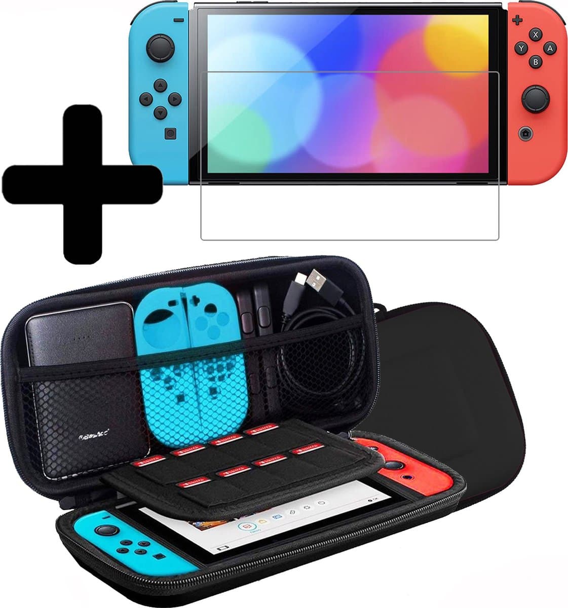 Hoes Geschikt voor Nintendo Switch OLED Case Hoesje Met Screenprotector - Bescherm Hoes Geschikt voor Nintendo Switch OLED Hoes Hard Cover - Zwart — afbeelding 1