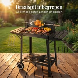 Barbecue Houtskool met Draaispit - Smoker BBQ met Warmhoudrek - Verstelbaar Kolenrooster - 49x29 cm Grilloppervlak - Zijplanken - Zwart — thumbnail 4