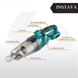Instava Kruimeldief met LED Licht & Accu – Geschikt voor Makita LXT 18V Accu – Draadloze Handstofzuiger – 10kPa Zuigkracht – 750ML – Kruimeldief voor Auto & Huis — thumbnail 2