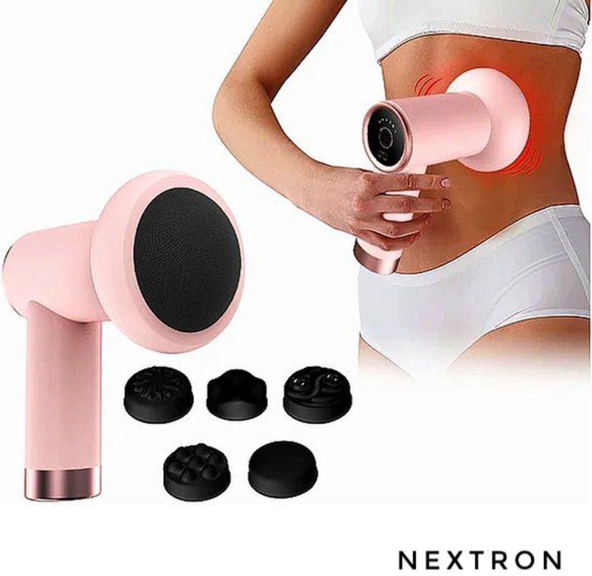 Nextron - Massagepistool 6-delig Diepe massage massage-gun Dieprollende - Massage Pistool Cellulite Massage Apparaat - Oplaadbaar en Draadloos - Roze vrouw cadeau spieren ontspannen Met 5 opzetstukken Oplaadbaar met USB-C kabel tril machine spierpijn — afbeelding 1