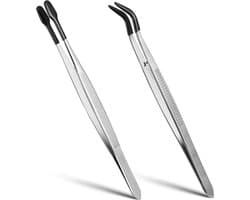 Set van 2 Lange Plastic Hobbypincetten met Rubber Tips en PVC Coating - Plat, Antislip, Gebogen en Hoekige Pincetten voor Reparatie en Sieradenbewerking