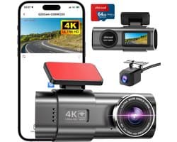 Dashcam auto 4K voor en achter – WiFi dashboardcamera met 64GB SD-kaart, G-sensor en nachtzicht