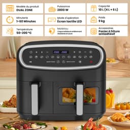 Heteluchtfriteuse XXL Dual Zone 10L (6L+4L) – 2800W, Airfryer met 12 programma’s, LED-display, voorverwarmfunctie & kijkvenster – veelzijdig en efficiënt — thumbnail 2