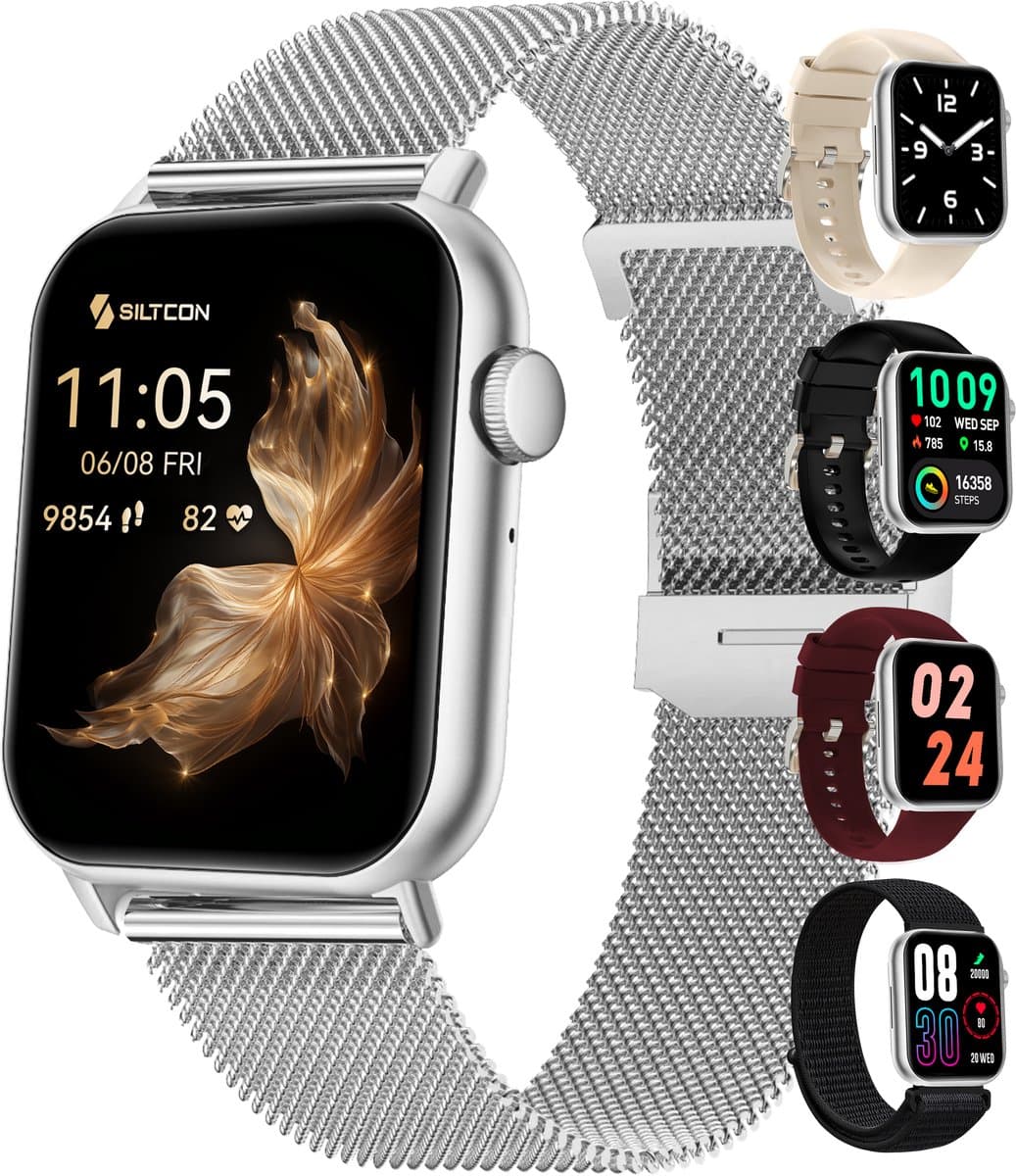 Siltcon® Seréa Smartwatch Dames - Smartwatch Heren - Horloge Dames - Stappenteller Horloge Dames - Hartslagmeter - Slaapmonitor - Saturatiemeter - Belfunctie - Geschikt voor iOS/Android - AMOLED - RVS - Elke pols - Incl. 5 Bandjes — afbeelding 1